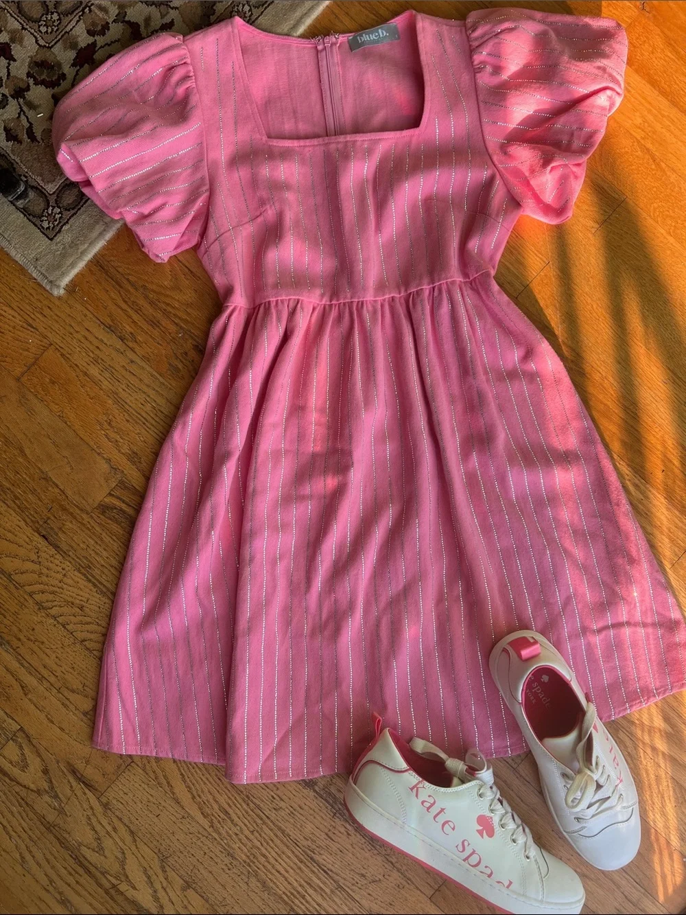 kate spade Pink Metallic-Striped Puff Sleeve Dress